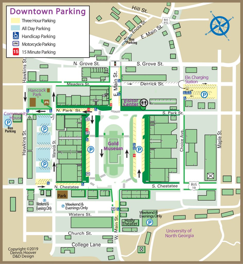 Map of downtown dahlonega, displaying designated parking areas